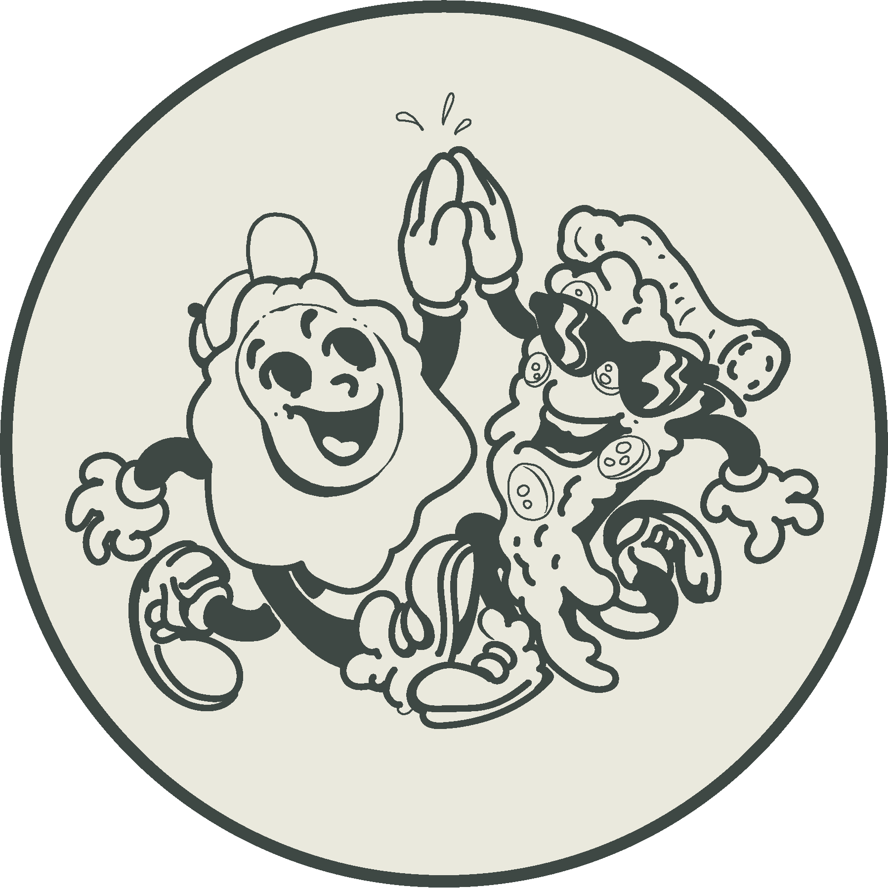 scran and roadie mascots. a cartoon of an egg wearing a hat and a slice of pizza with sunglasses on, high-fiving.
