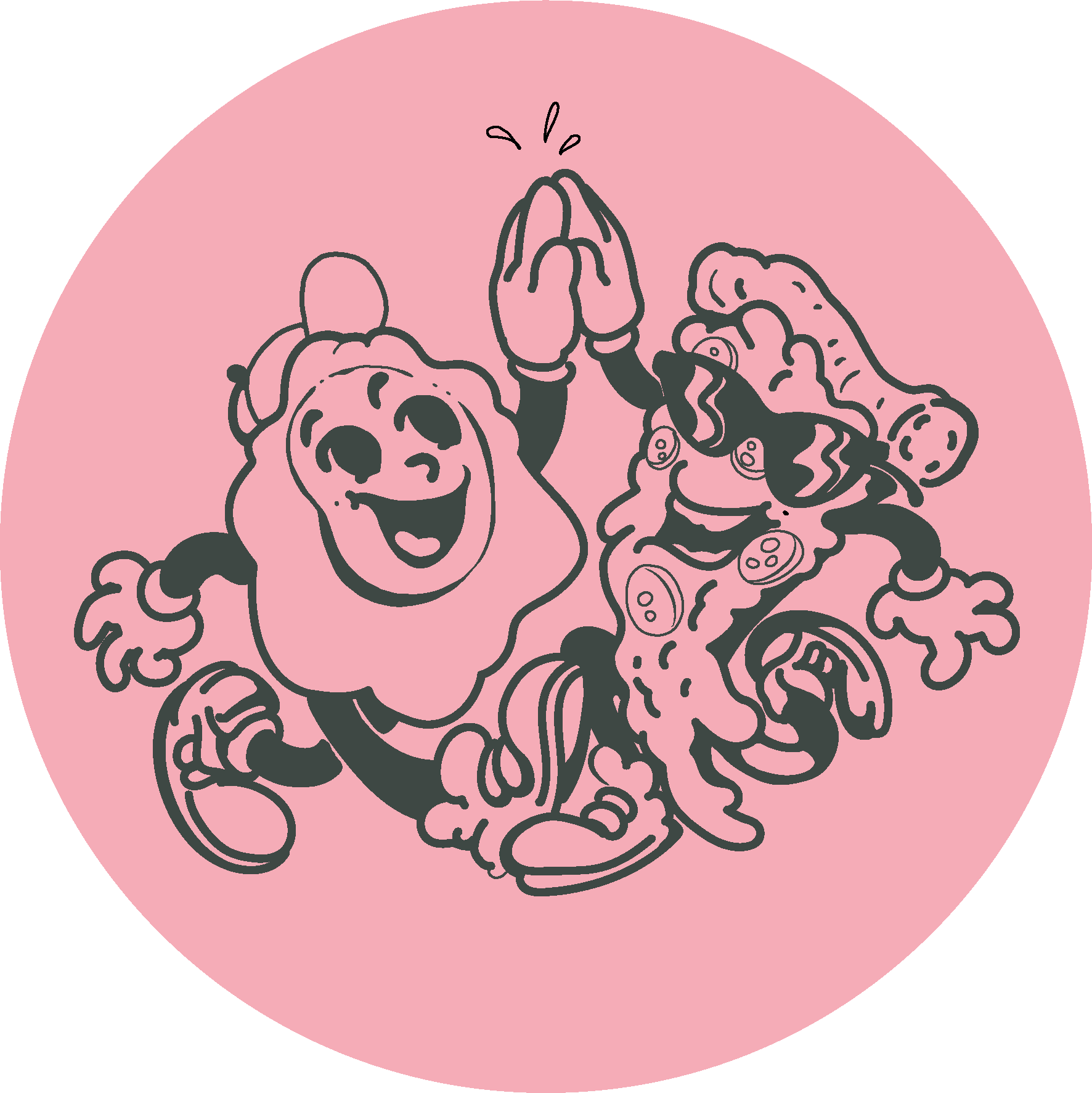 scran and roadie mascots. a cartoon of an egg wearing a hat and a slice of pizza with sunglasses on, high-fiving